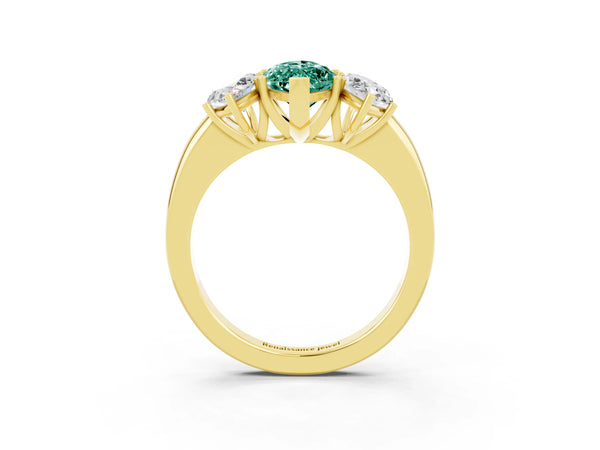 Yellow gold Marquise Cut Green Sapphire Three-Stone Ring with Four-Prong Setting and Classic Band