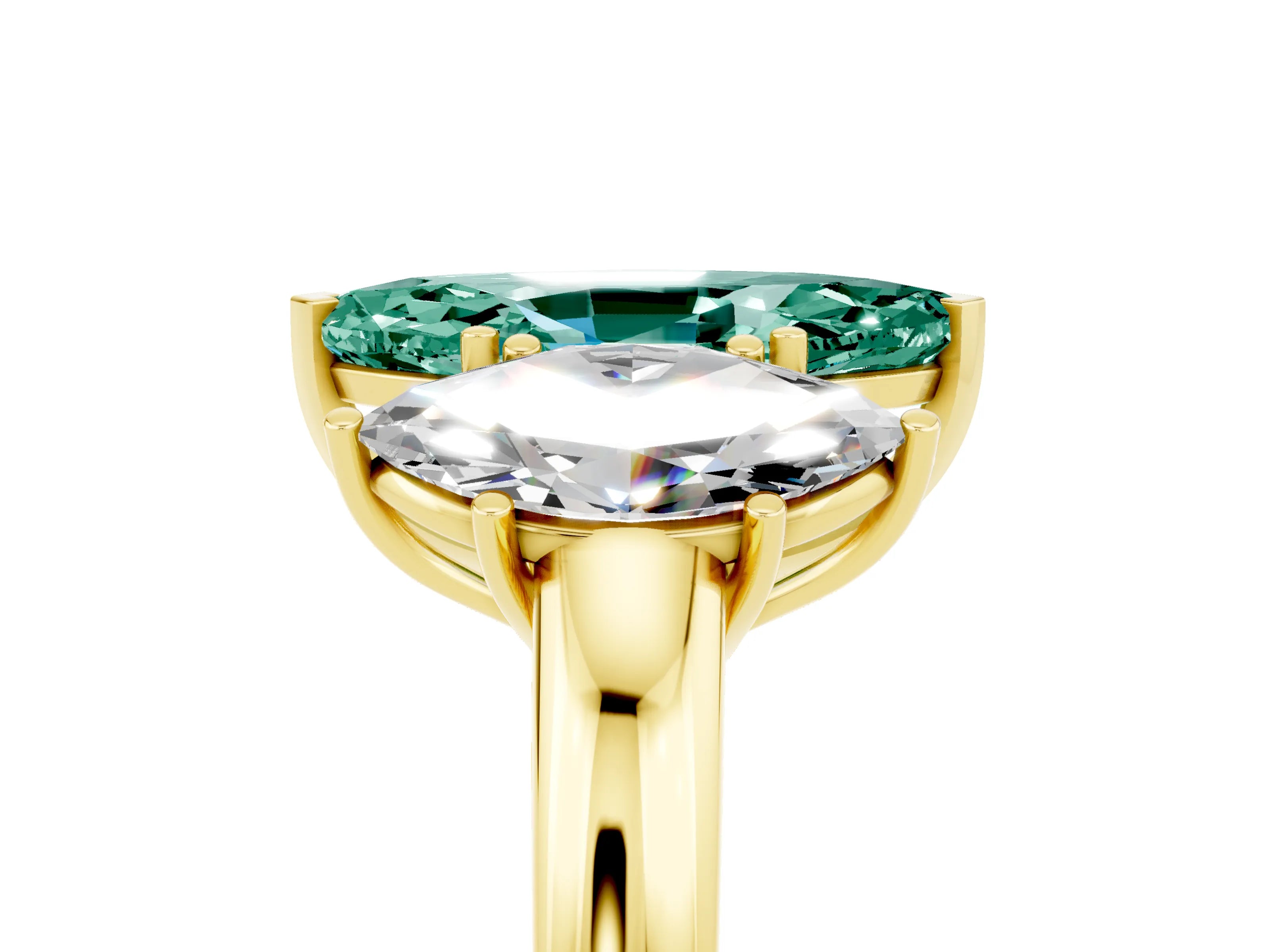 Yellow gold Marquise Cut Green Sapphire Three-Stone Ring with Four-Prong Setting and Classic Band_5