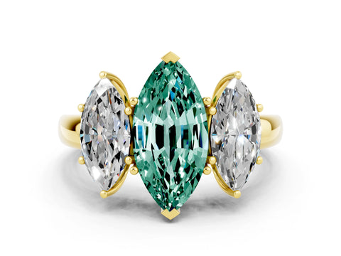 Yellow gold Marquise Cut Green Sapphire Three-Stone Ring with Four-Prong Setting and Classic Band