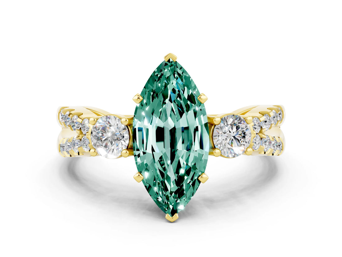 Yellow gold Marquise Cut Green Sapphire Three-Stone Ring with Pavé Split Shank and Four-Prong Setting_12