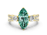 Yellow gold Marquise Cut Green Sapphire Three-Stone Ring with Pavé Split Shank and Four-Prong Setting_12
