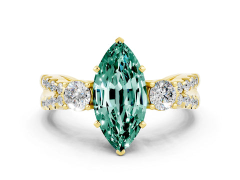 Yellow gold Marquise Cut Green Sapphire Three-Stone Ring with Pavé Split Shank and Four-Prong Setting_12