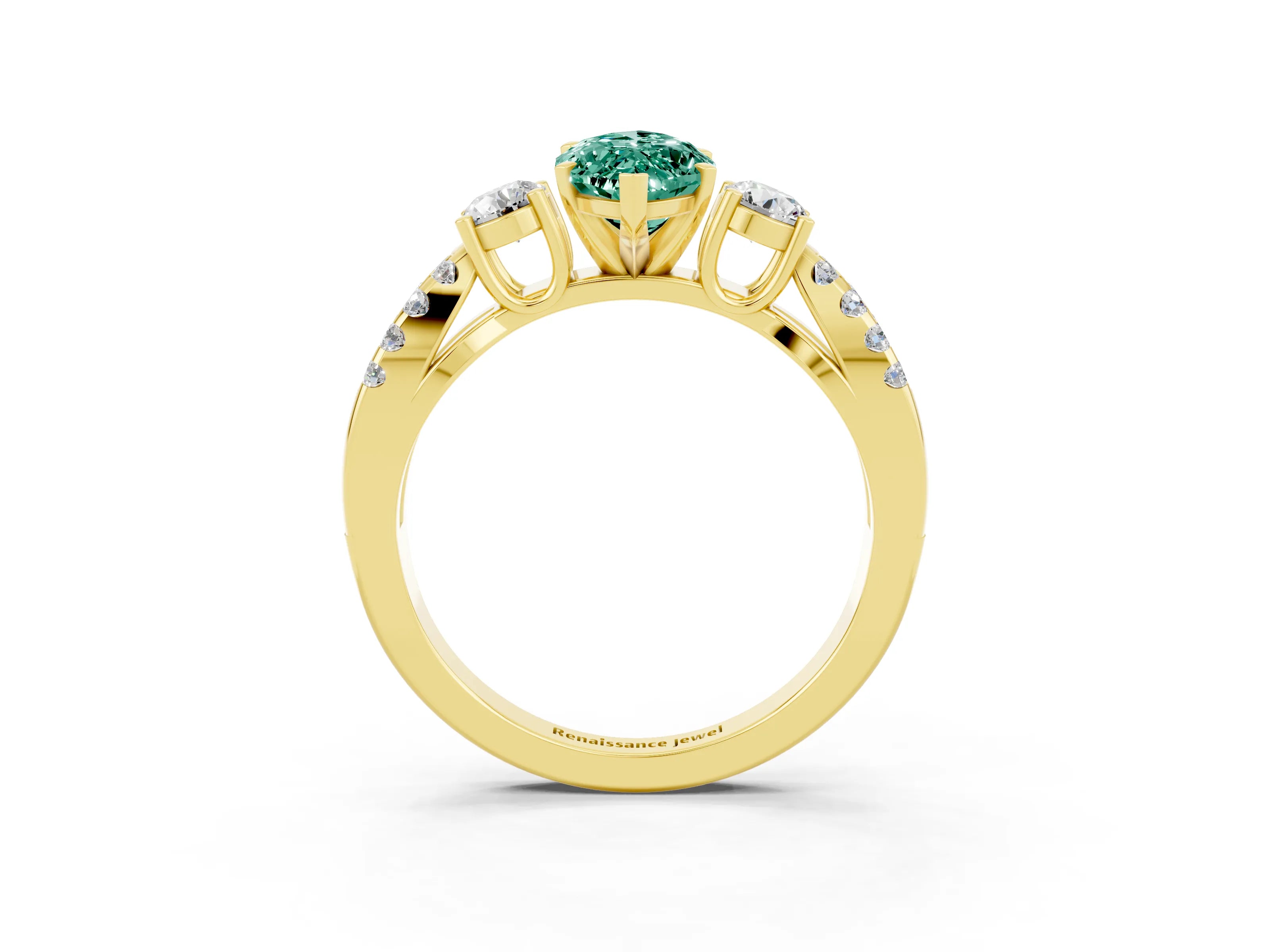 Yellow gold Marquise Cut Green Sapphire Three-Stone Ring with Pavé Split Shank and Four-Prong Setting_15