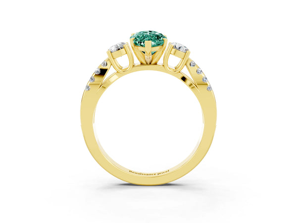 Yellow gold Marquise Cut Green Sapphire Three-Stone Ring with Pavé Split Shank and Four-Prong Setting