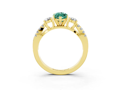 Yellow gold Marquise Cut Green Sapphire Three-Stone Ring with Pavé Split Shank and Four-Prong Setting_15