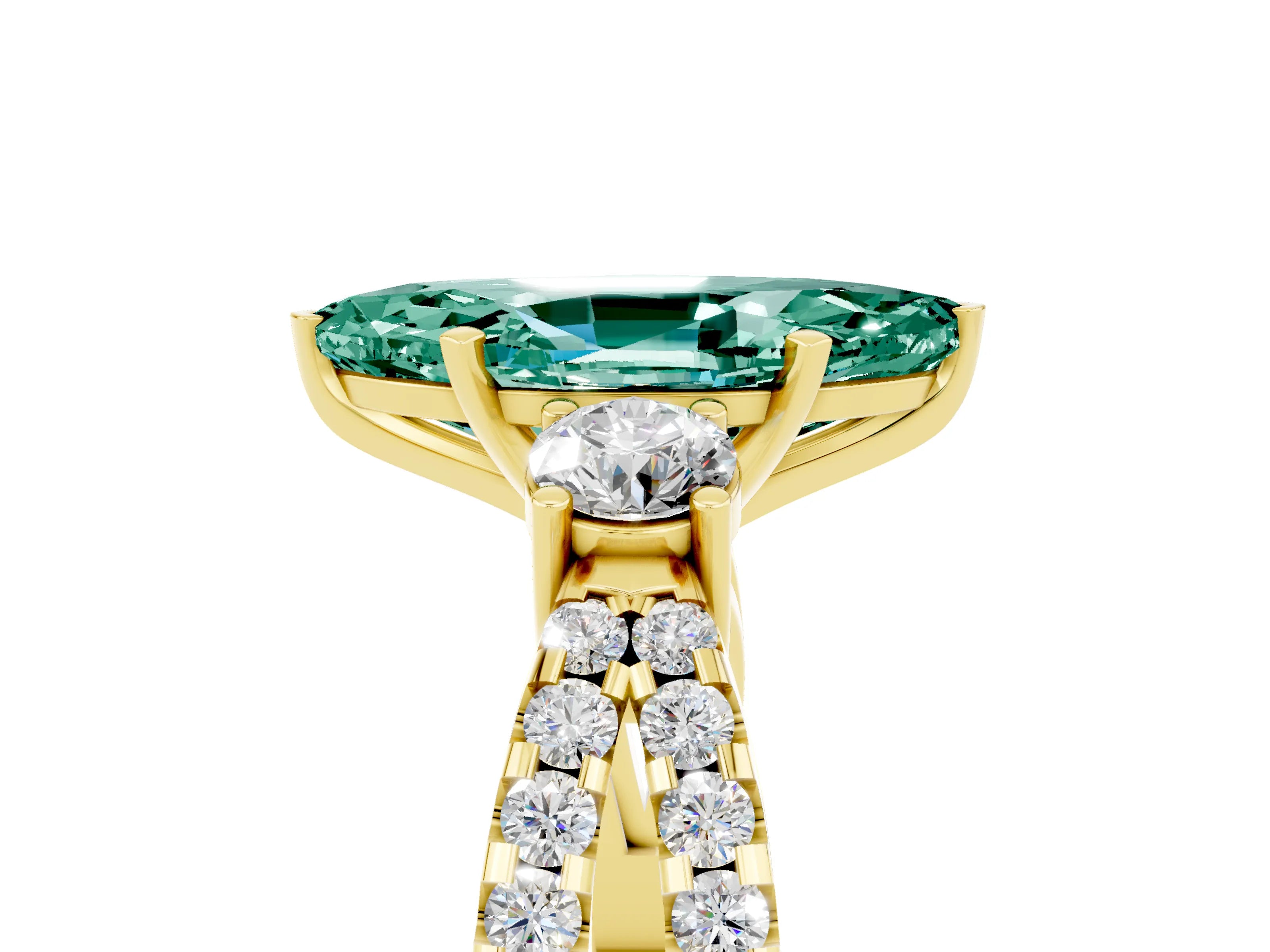 Yellow gold Marquise Cut Green Sapphire Three-Stone Ring with Pavé Split Shank and Four-Prong Setting_17