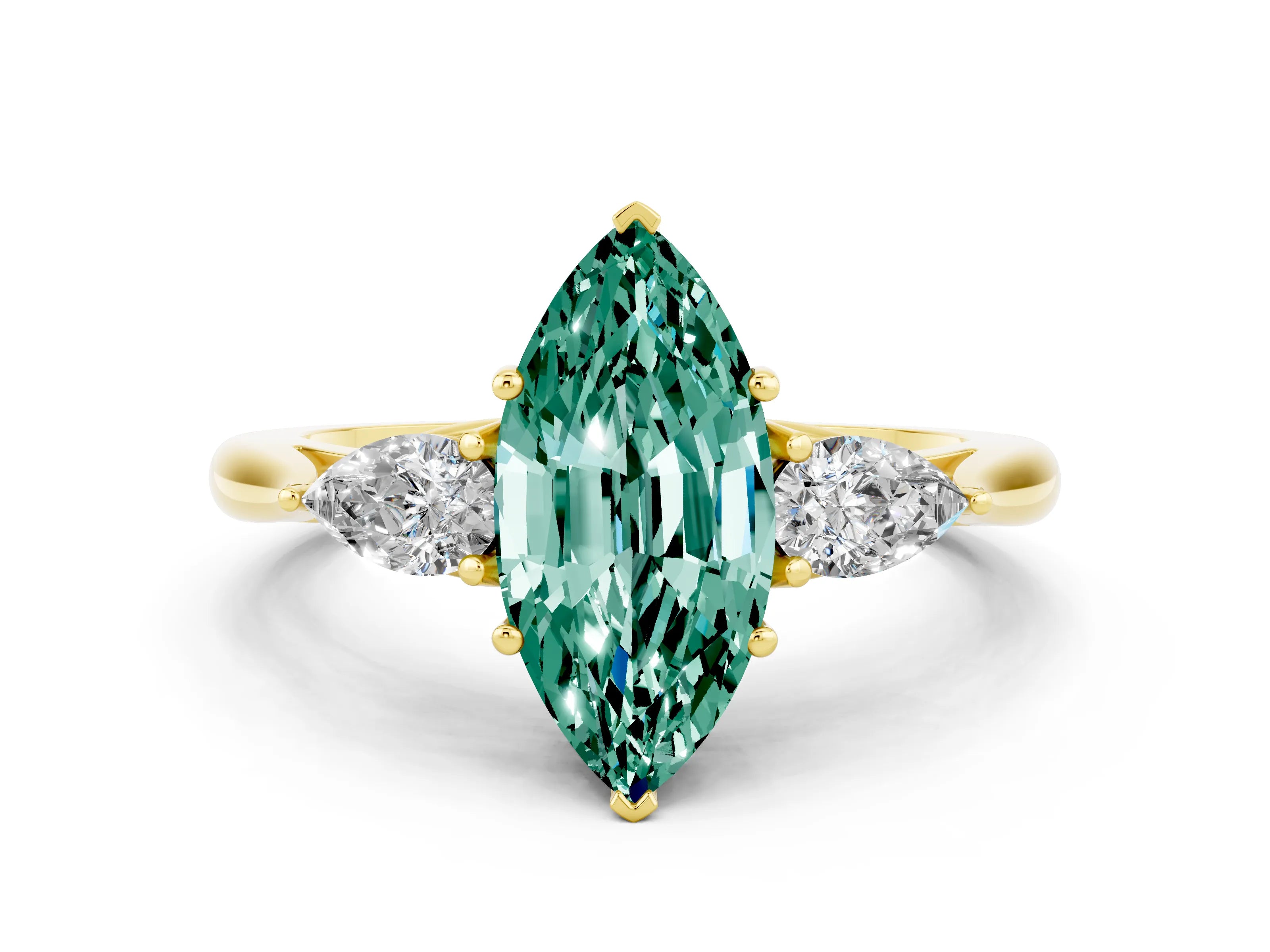 Yellow gold Marquise Cut Green Sapphire Three-Stone Ring with Pear Side Stones and Four-Prong Setting_12
