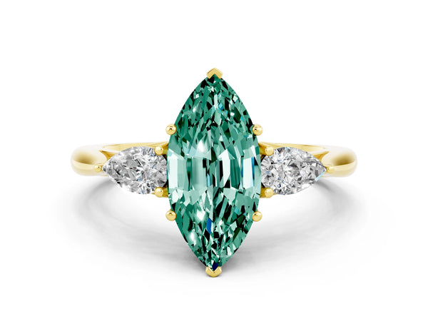 Yellow gold Marquise Cut Green Sapphire Three-Stone Ring with Pear  Side Stones and Prong Setting