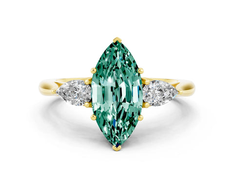Yellow gold Marquise Cut Green Sapphire Three-Stone Ring with Pear Side Stones and Four-Prong Setting_12