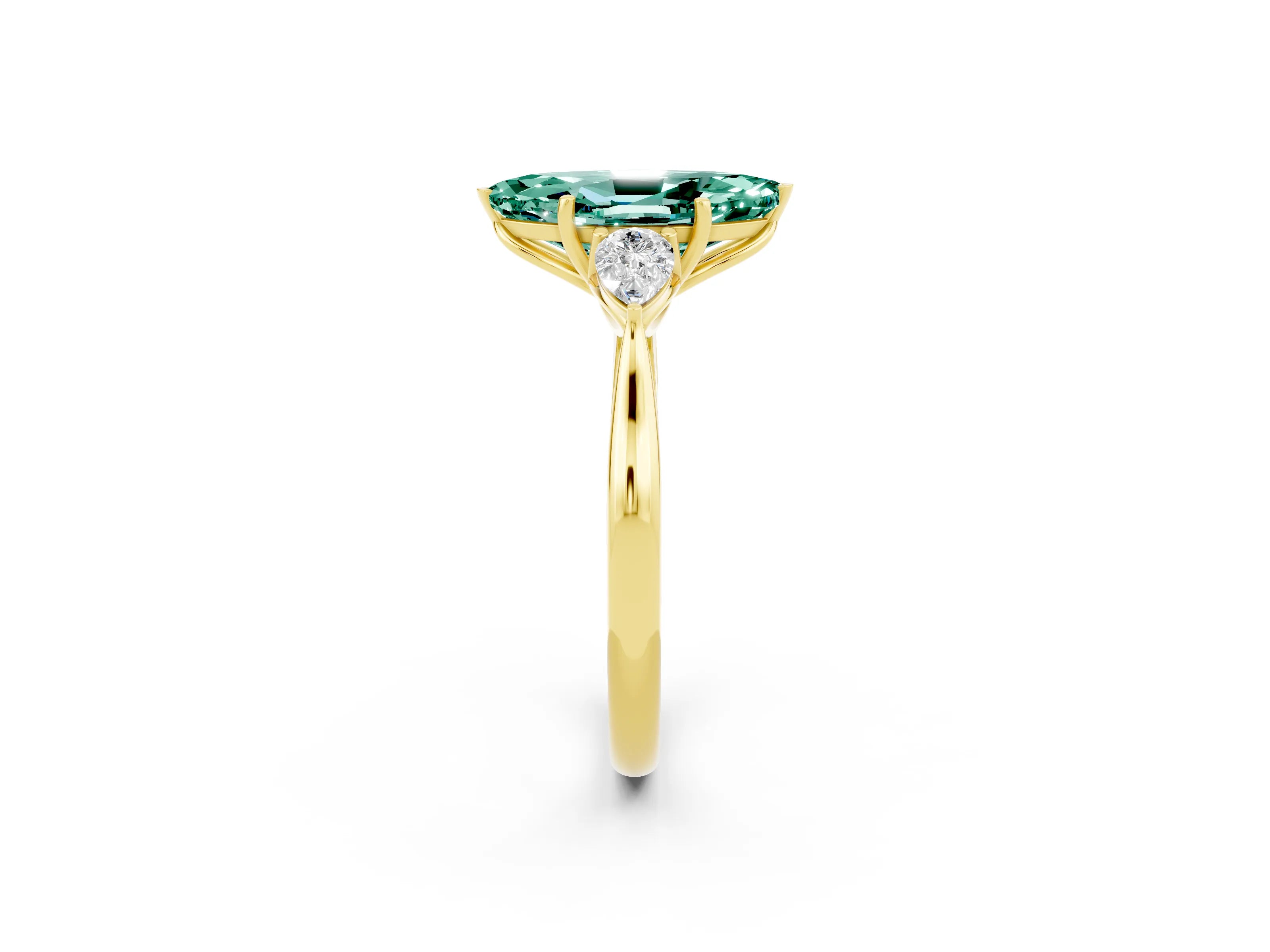 Yellow gold Marquise Cut Green Sapphire Three-Stone Ring with Pear Side Stones and Four-Prong Setting_14