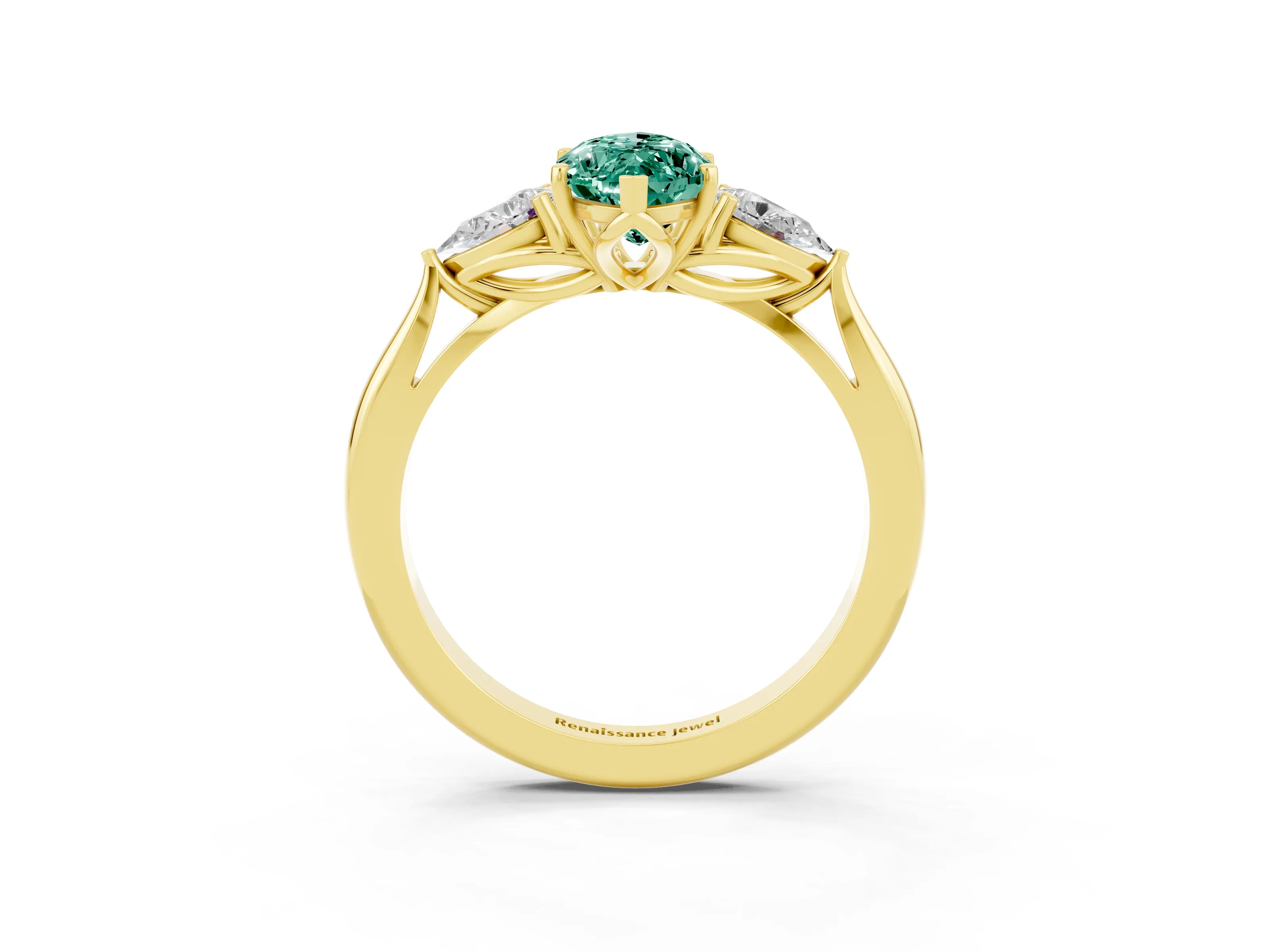 Yellow gold Marquise Cut Green Sapphire Three-Stone Ring with Pear Side Stones and Four-Prong Setting_15
