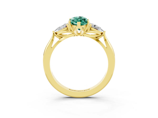 Yellow gold Marquise Cut Green Sapphire Three-Stone Ring with Pear  Side Stones and Prong Setting