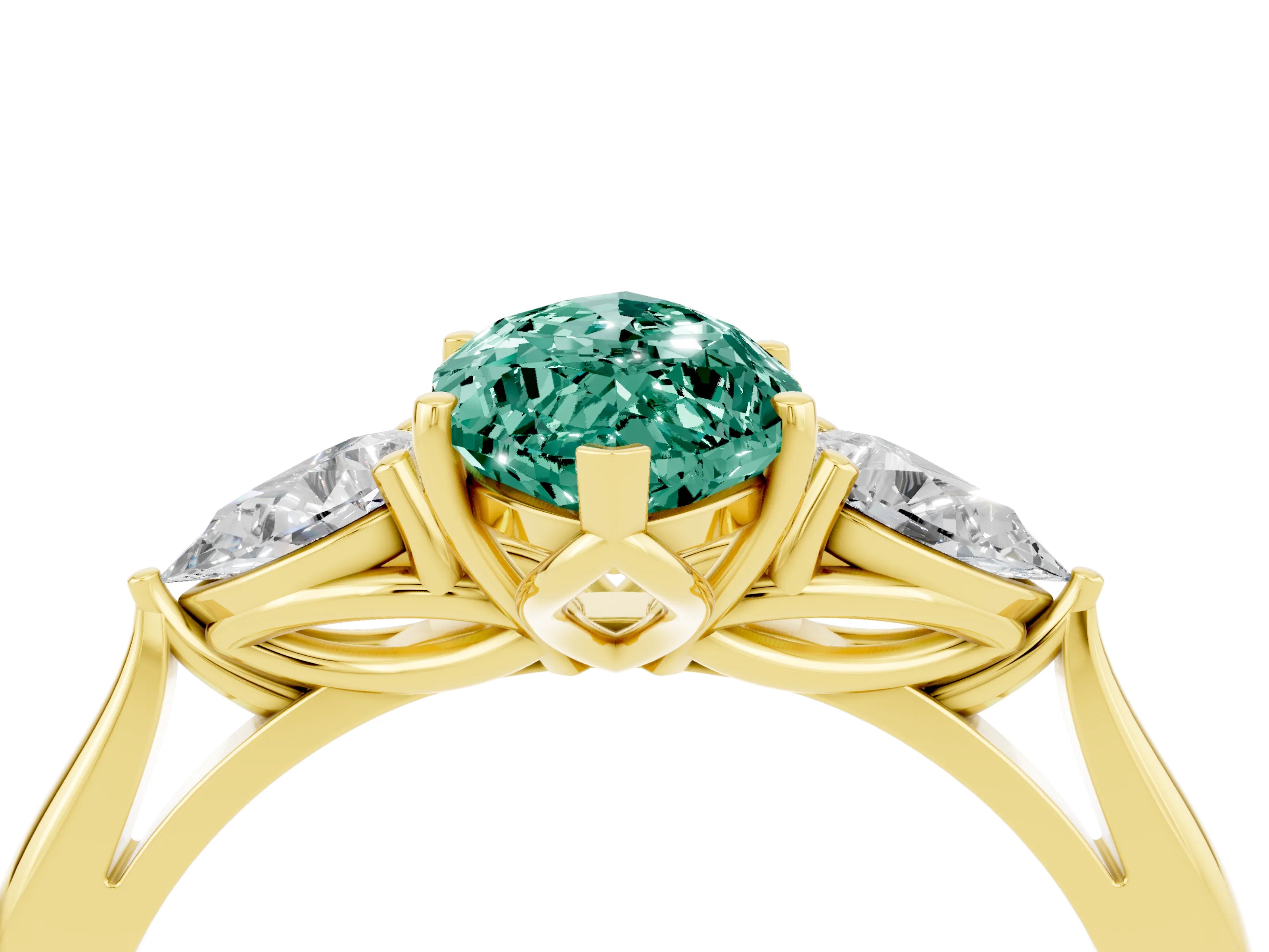 Yellow gold Marquise Cut Green Sapphire Three-Stone Ring with Pear Side Stones and Four-Prong Setting_16