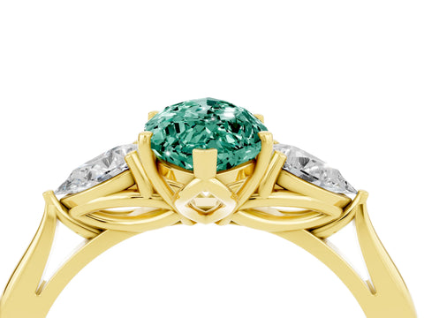 Yellow gold Marquise Cut Green Sapphire Three-Stone Ring with Pear Side Stones and Four-Prong Setting_16