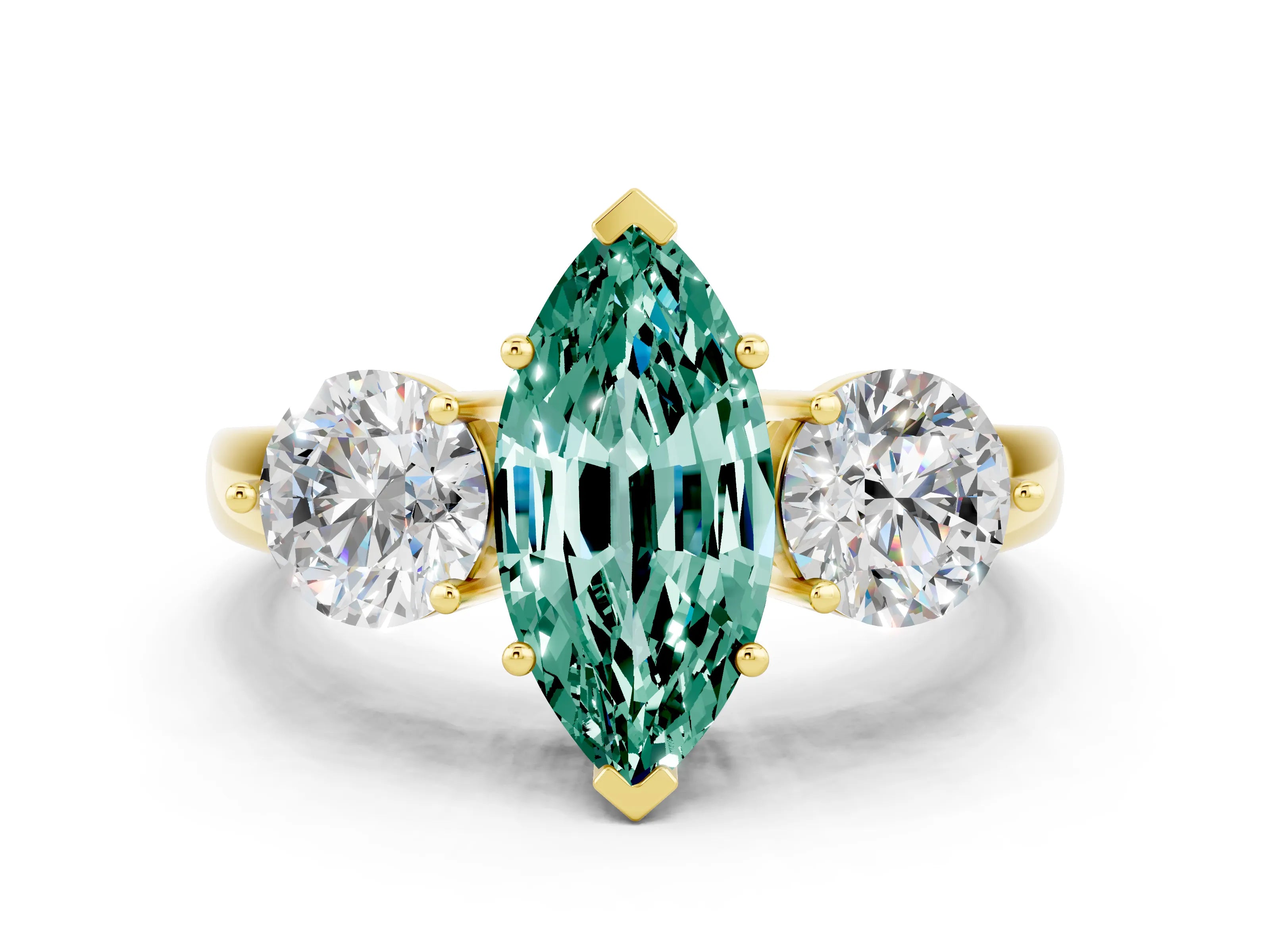 Yellow gold Marquise Cut Green Sapphire Three-Stone Ring with Prong Setting and Classic Band