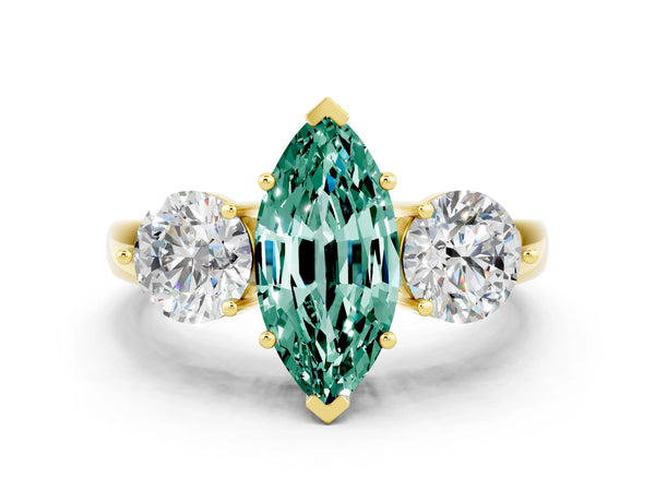 Yellow gold Marquise Cut Green Sapphire Three-Stone Ring with Prong Setting and Classic Band