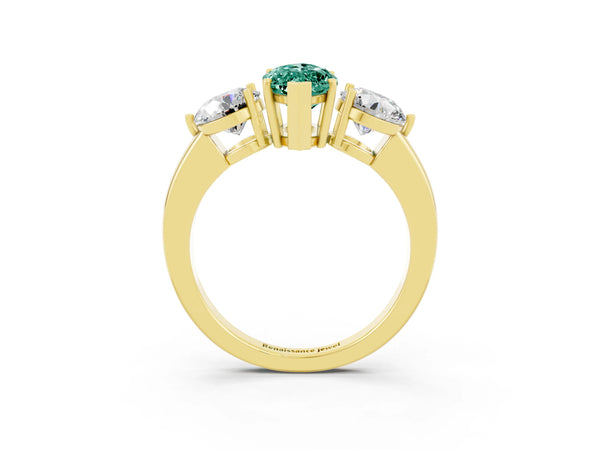 Yellow gold Marquise Cut Green Sapphire Three-Stone Ring with Prong Setting and Classic Band