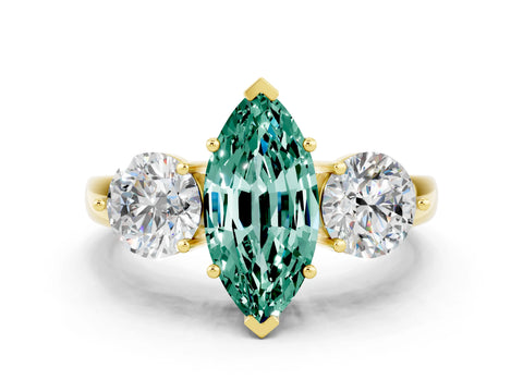 Yellow gold Marquise Cut Green Sapphire Three-Stone Ring with Prong Setting and Classic Band