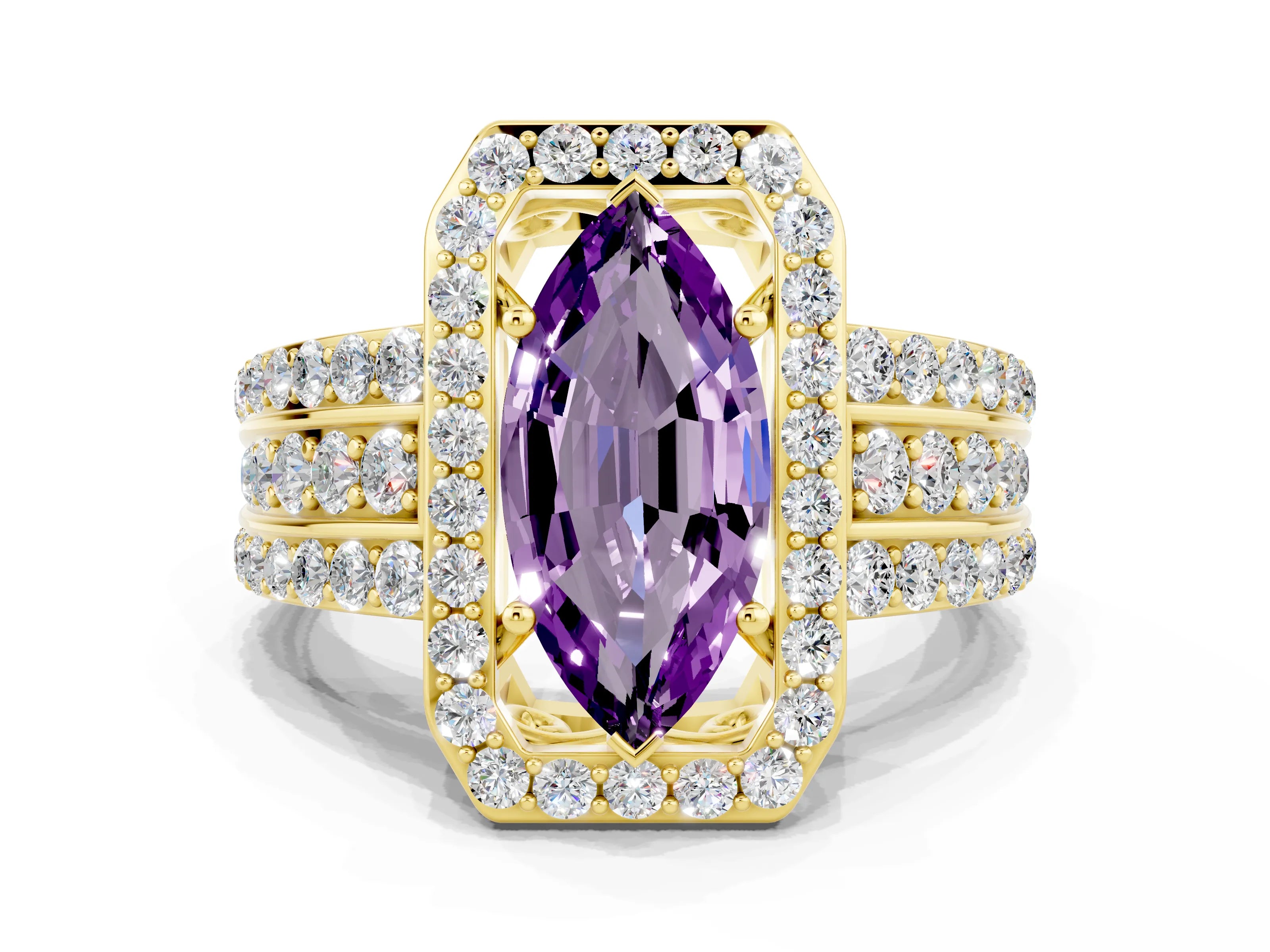 Yellow gold Marquise Cut Halo Amethyst Ring with Split Shank and Four-Prong Setting