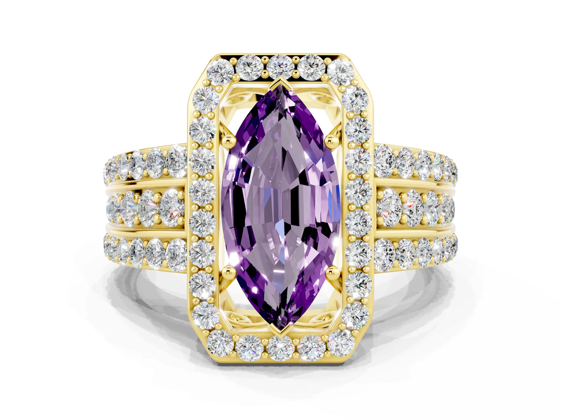 Yellow gold Marquise Cut Halo Amethyst Ring with Split Shank and Four-Prong Setting