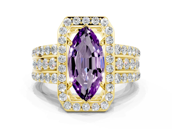 Yellow gold Marquise Cut Halo Amethyst Ring with Round  Split Shank and Prong Setting