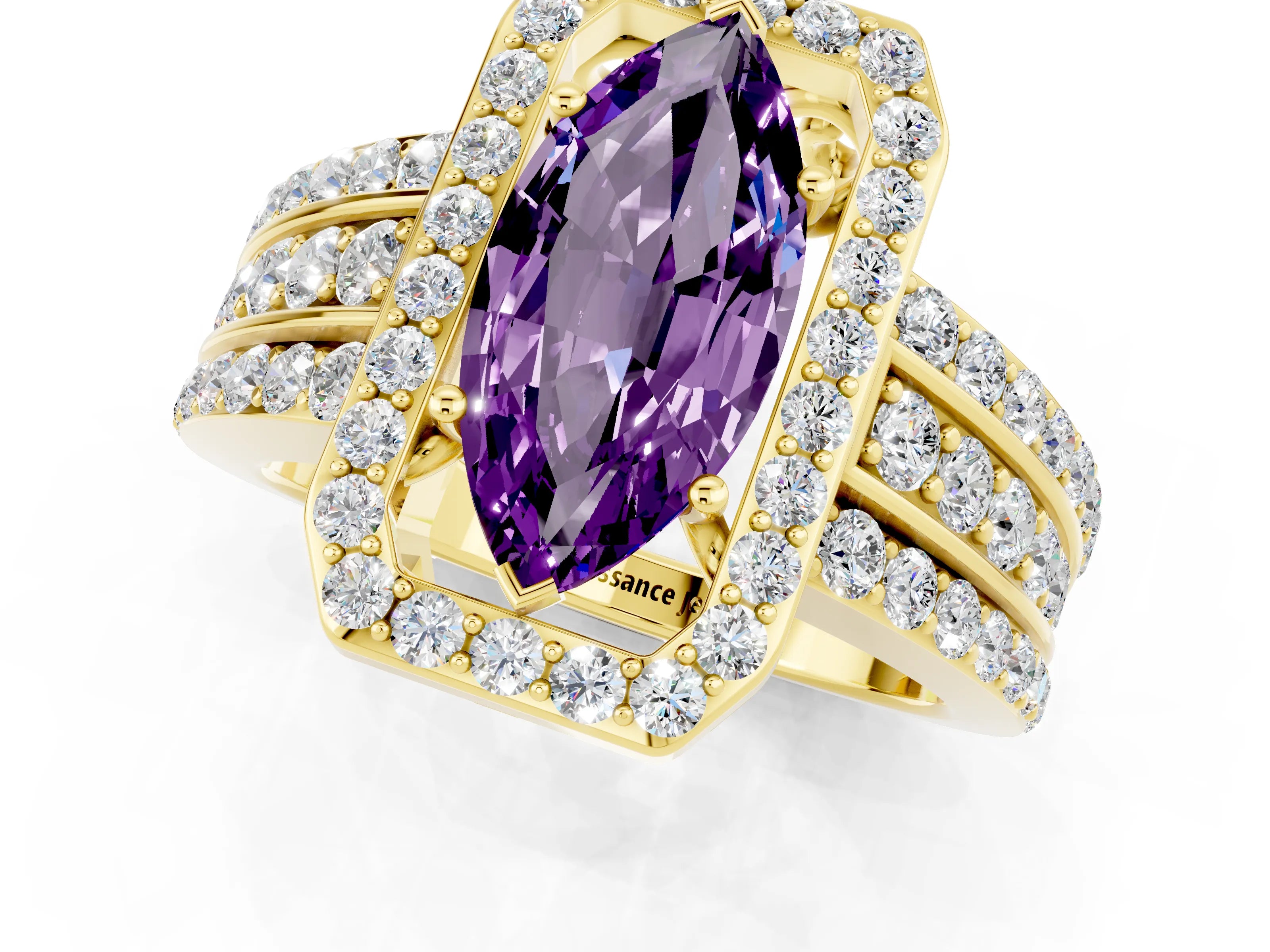 Yellow gold Marquise Cut Halo Amethyst Ring with Split Shank and Four-Prong Setting_1