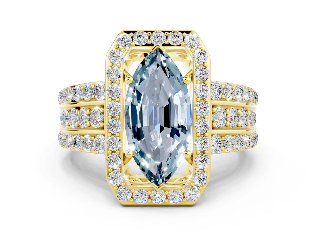 Yellow gold Marquise Cut Halo Aquamarine Ring with Split Shank and Four-Prong Setting