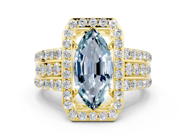 Yellow gold Marquise Cut Halo Aquamarine Ring with Round  Split Shank and Prong Setting