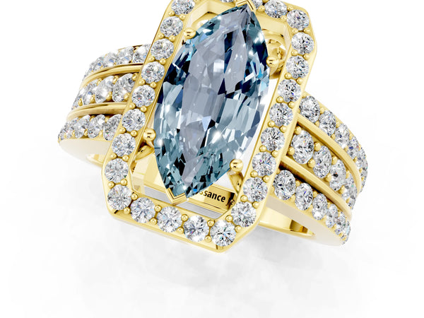 Yellow gold Marquise Cut Halo Aquamarine Ring with Round  Split Shank and Prong Setting
