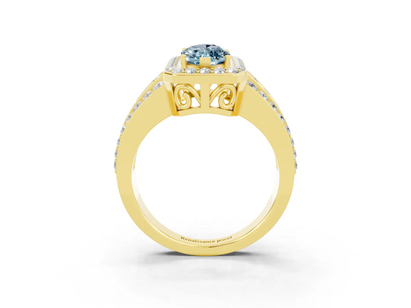 Yellow gold Marquise Cut Halo Aquamarine Ring with Round  Split Shank and Prong Setting