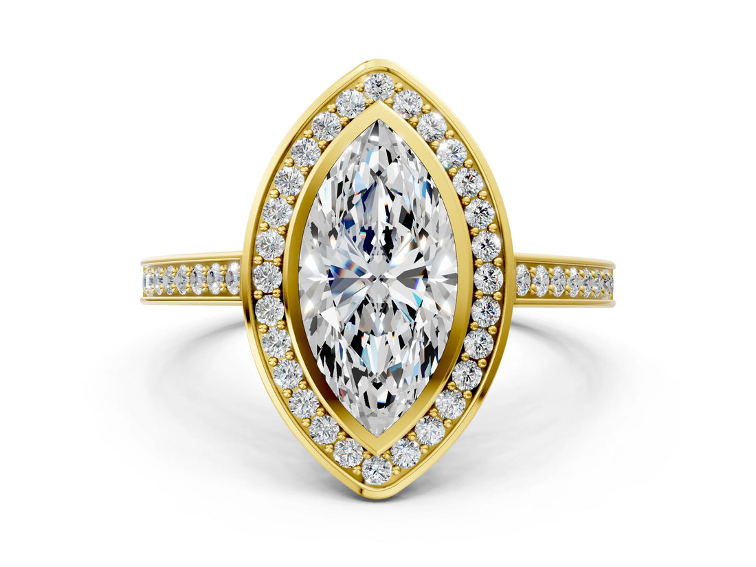 Yellow gold Marquise Cut Halo Bezel Diamond Pave Band Ring_9