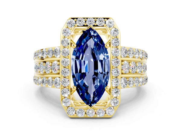 Yellow gold Marquise Cut Halo Blue Sapphire Ring with Round  Split Shank and Prong Setting
