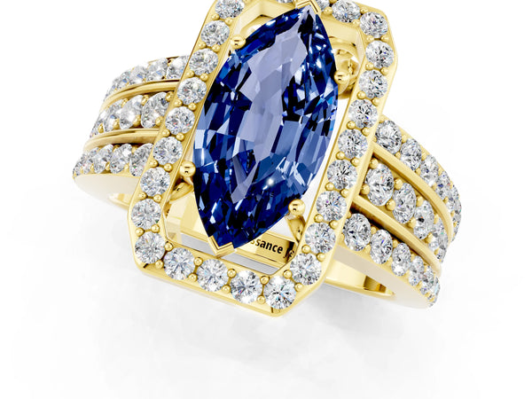 Yellow gold Marquise Cut Halo Blue Sapphire Ring with Round  Split Shank and Prong Setting