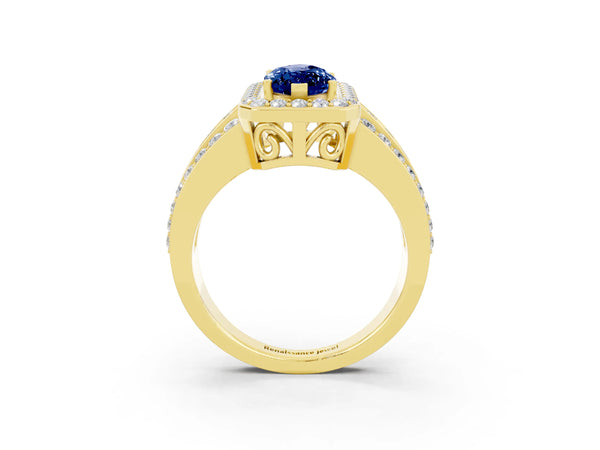Yellow gold Marquise Cut Halo Blue Sapphire Ring with Round  Split Shank and Prong Setting