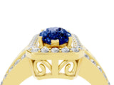 Yellow gold Marquise Cut Halo Blue Sapphire Ring with Split Shank and Four-Prong Setting_4
