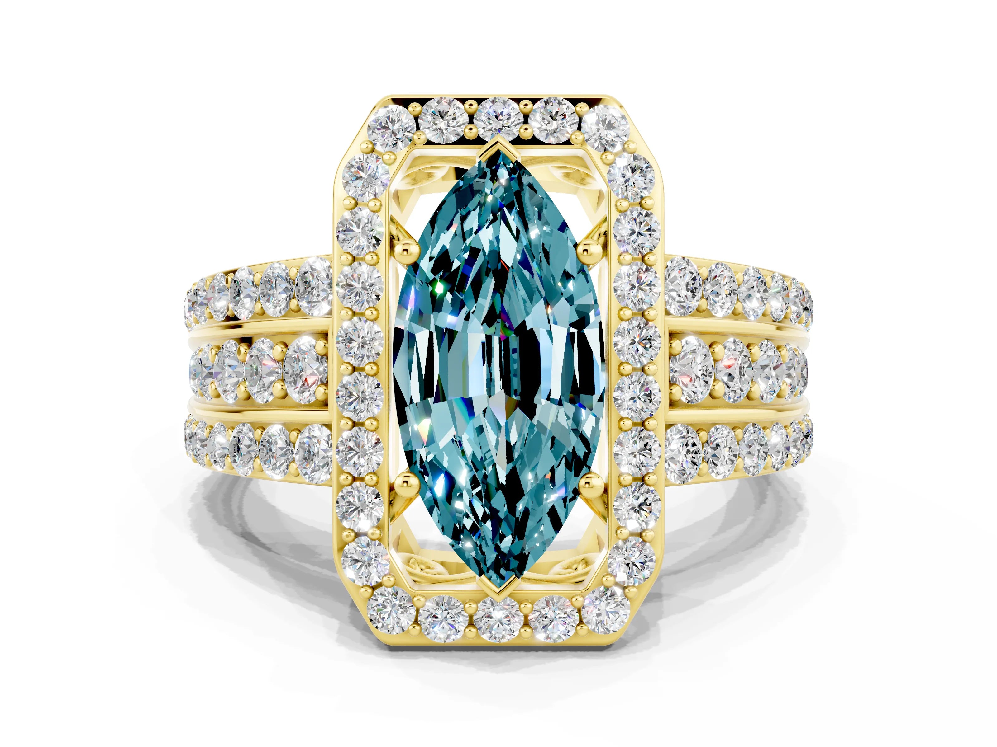 Yellow gold Marquise Cut Halo Blue Topaz Ring with Split Shank and Four-Prong Setting