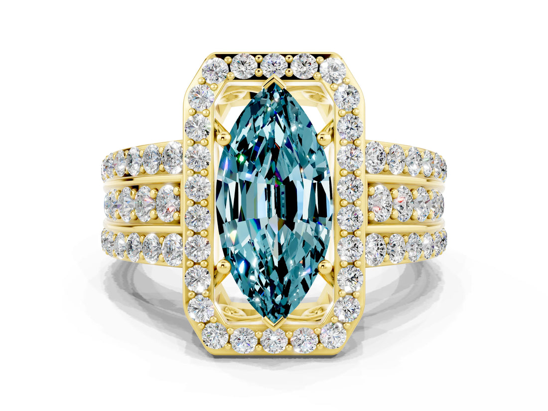 Yellow gold Marquise Cut Halo Blue Topaz Ring with Split Shank and Four-Prong Setting