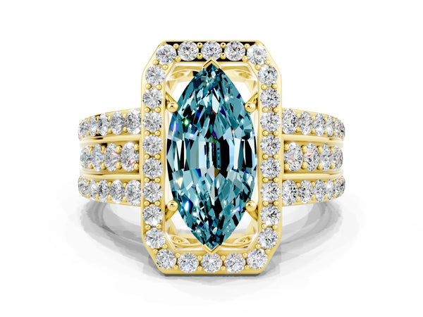 Yellow gold Marquise Cut Halo Blue Topaz Ring with Round  Split Shank and Prong Setting