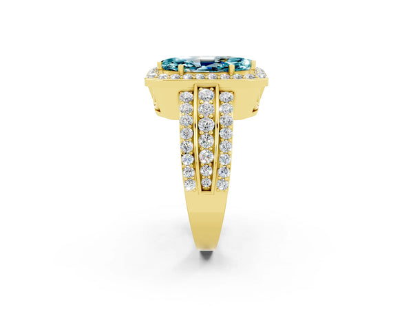 Yellow gold Marquise Cut Halo Blue Topaz Ring with Round  Split Shank and Prong Setting