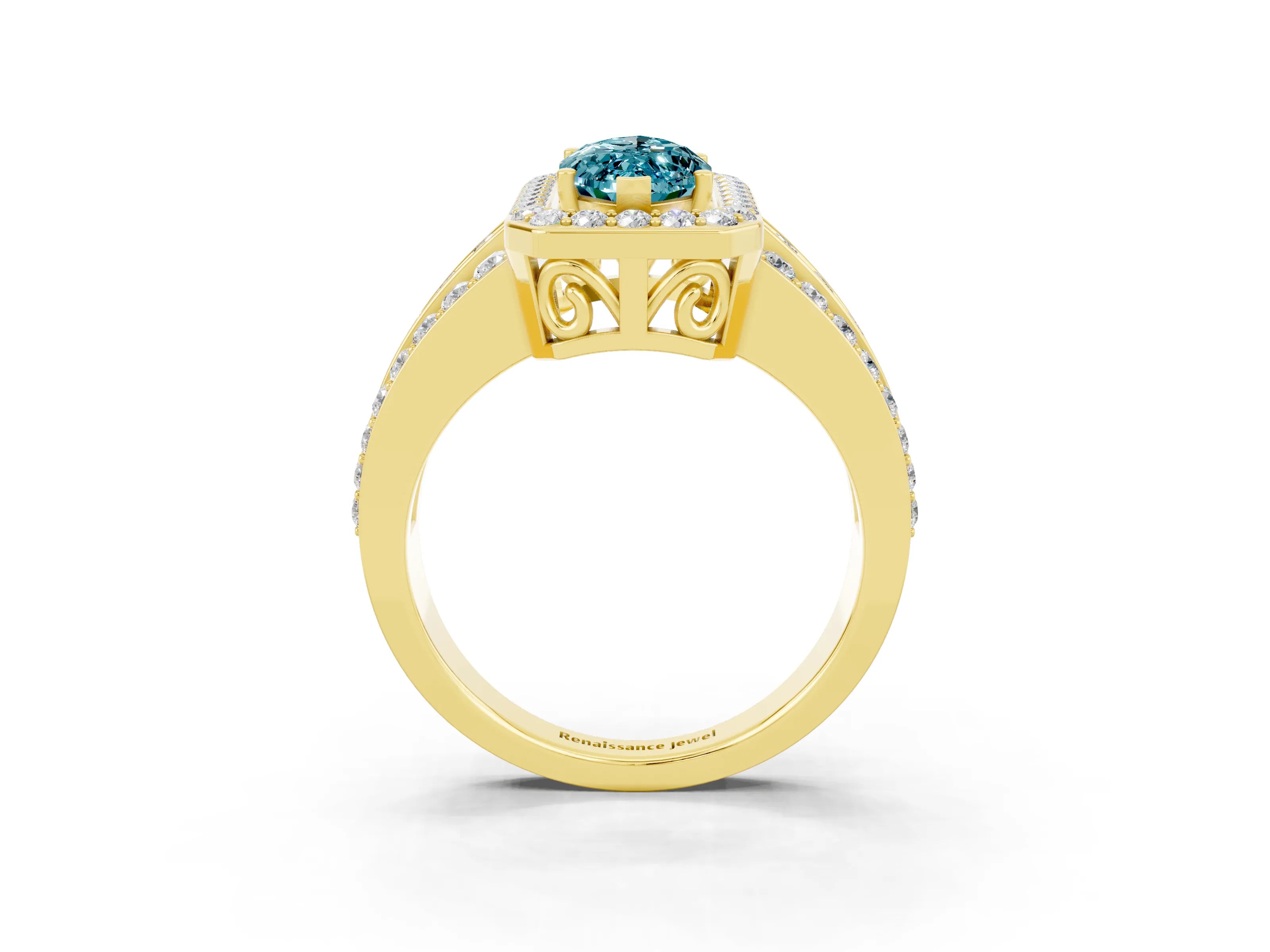 Yellow gold Marquise Cut Halo Blue Topaz Ring with Split Shank and Four-Prong Setting_3
