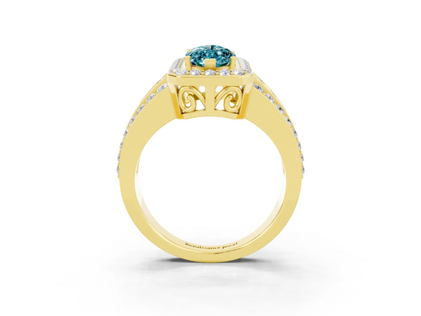 Yellow gold Marquise Cut Halo Blue Topaz Ring with Round  Split Shank and Prong Setting