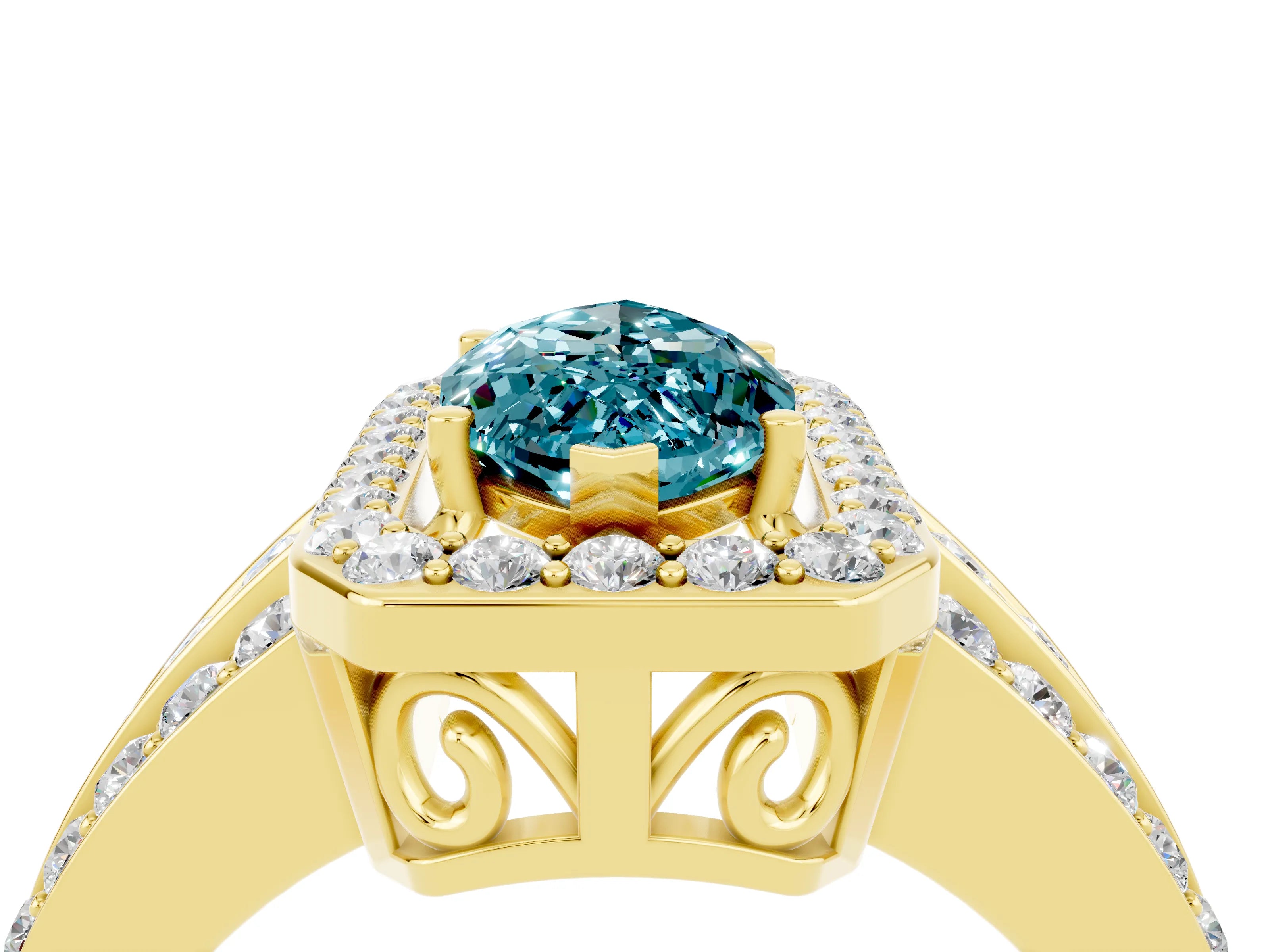 Yellow gold Marquise Cut Halo Blue Topaz Ring with Split Shank and Four-Prong Setting_4