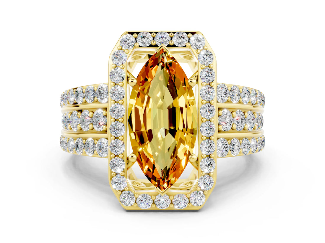 Yellow gold Marquise Cut Halo Citrine Ring with Split Shank and Four-Prong Setting