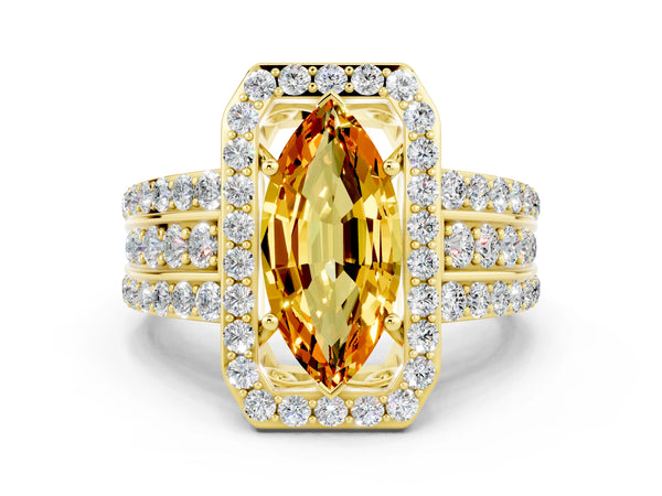 Yellow gold Marquise Cut Halo Citrine Ring with Round  Split Shank and Prong Setting