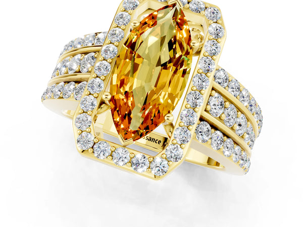 Yellow gold Marquise Cut Halo Citrine Ring with Round  Split Shank and Prong Setting