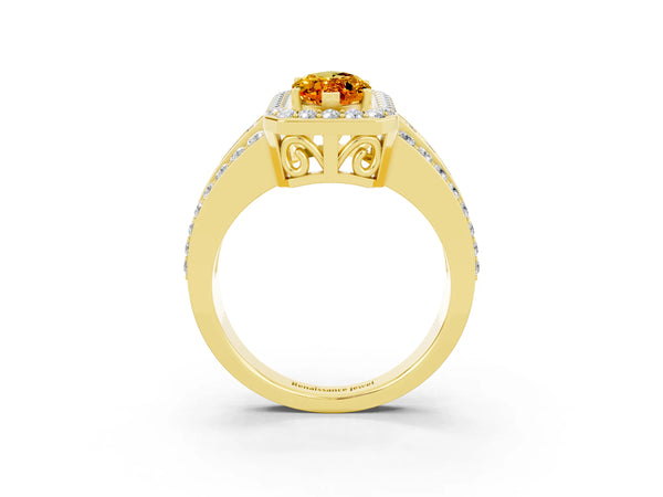 Yellow gold Marquise Cut Halo Citrine Ring with Round  Split Shank and Prong Setting