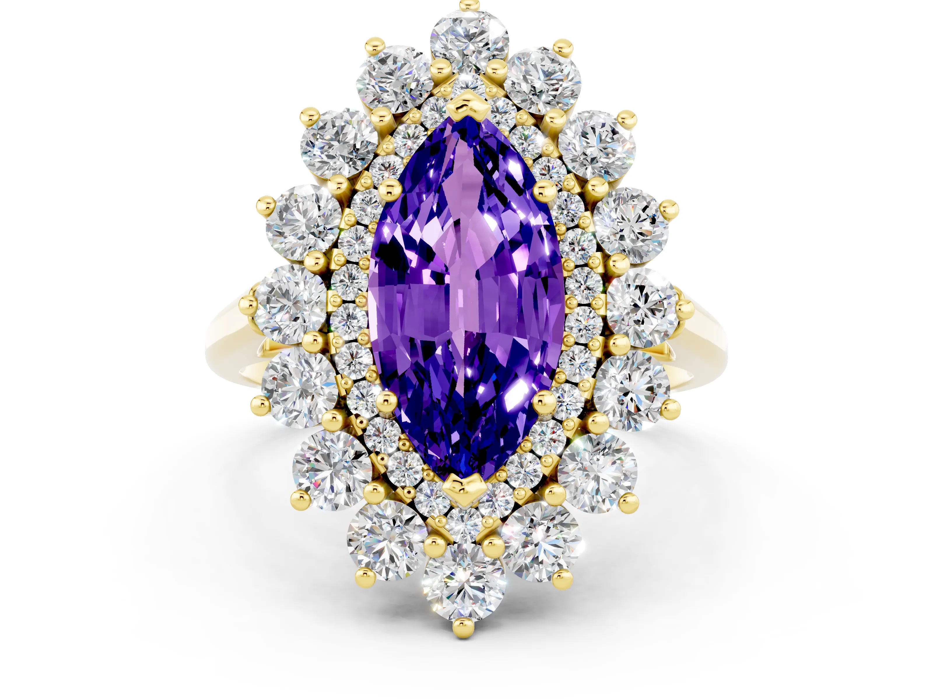 Yellow gold Marquise Cut Halo Cluster Diamond Ring with Pave Band and Four-Prong Setting_12