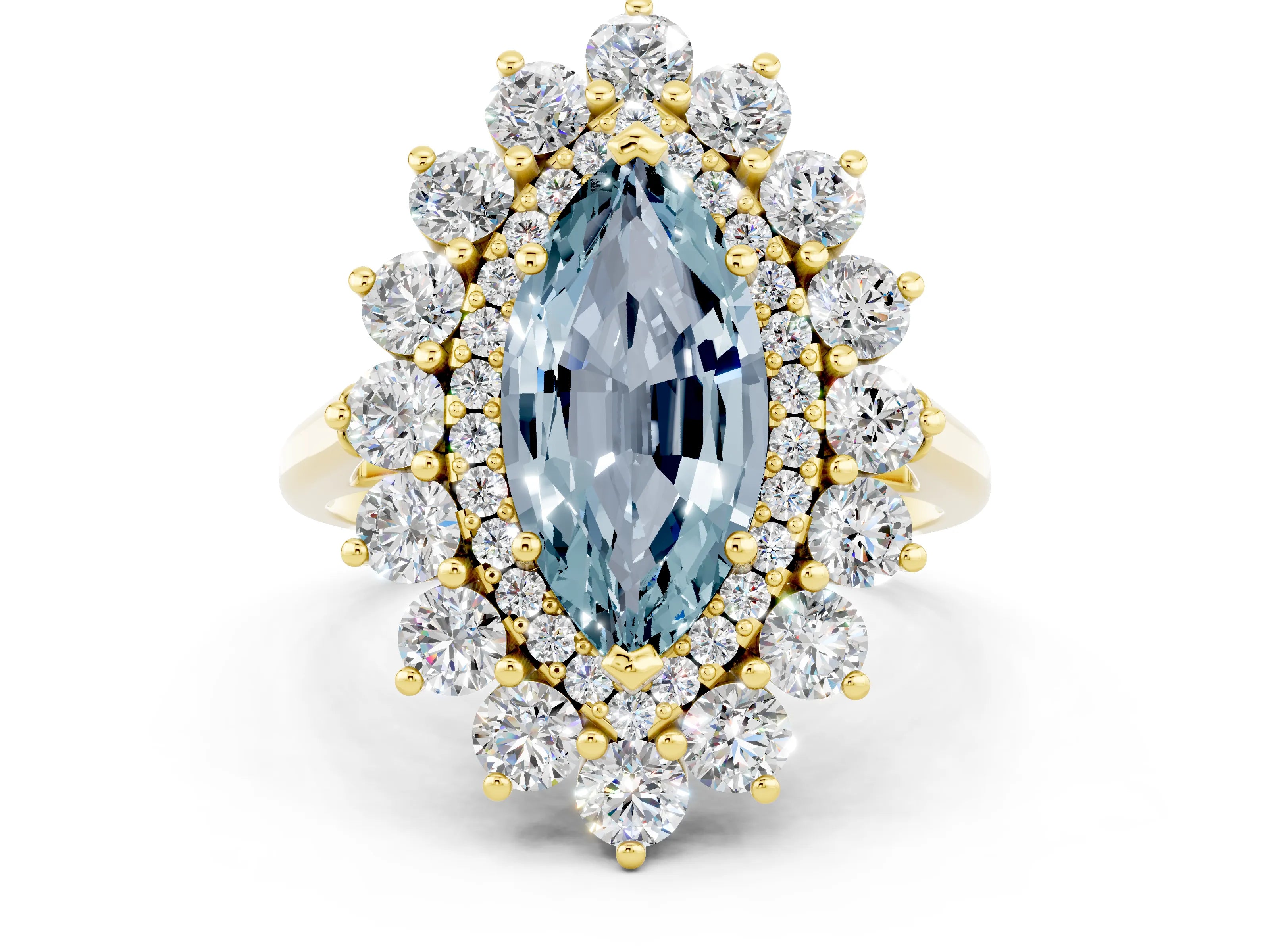Yellow gold Marquise Cut Halo Cluster Diamond Ring with Pave Band and Four-Prong Setting_12