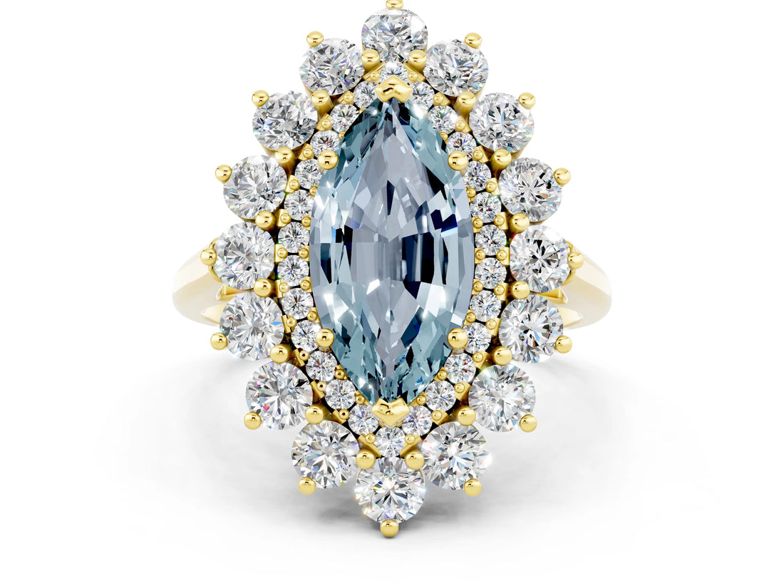 Yellow gold Marquise Cut Halo Cluster Diamond Ring with Pave Band and Four-Prong Setting_12