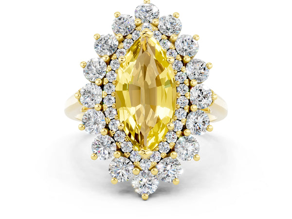 Yellow gold Marquise Cut Yellow Sapphire Floral Double Halo Engagement Ring with Prong Setting